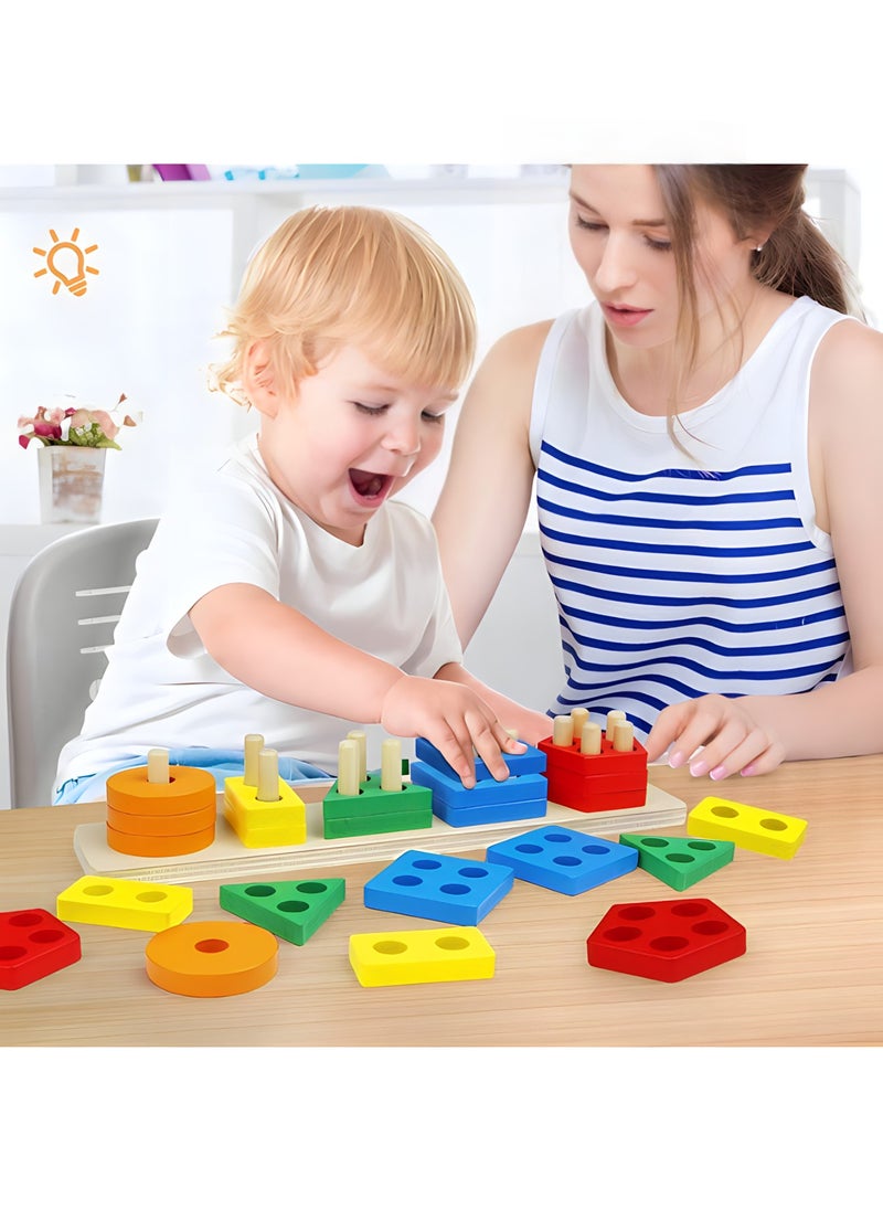 Wooden Montessori Toys Pattern Block Toy for Kids | Educational STEM Fine Motor Skills Sensory Toy | Wooden Shape Color Recognition Matching Geometric Shape Stacker