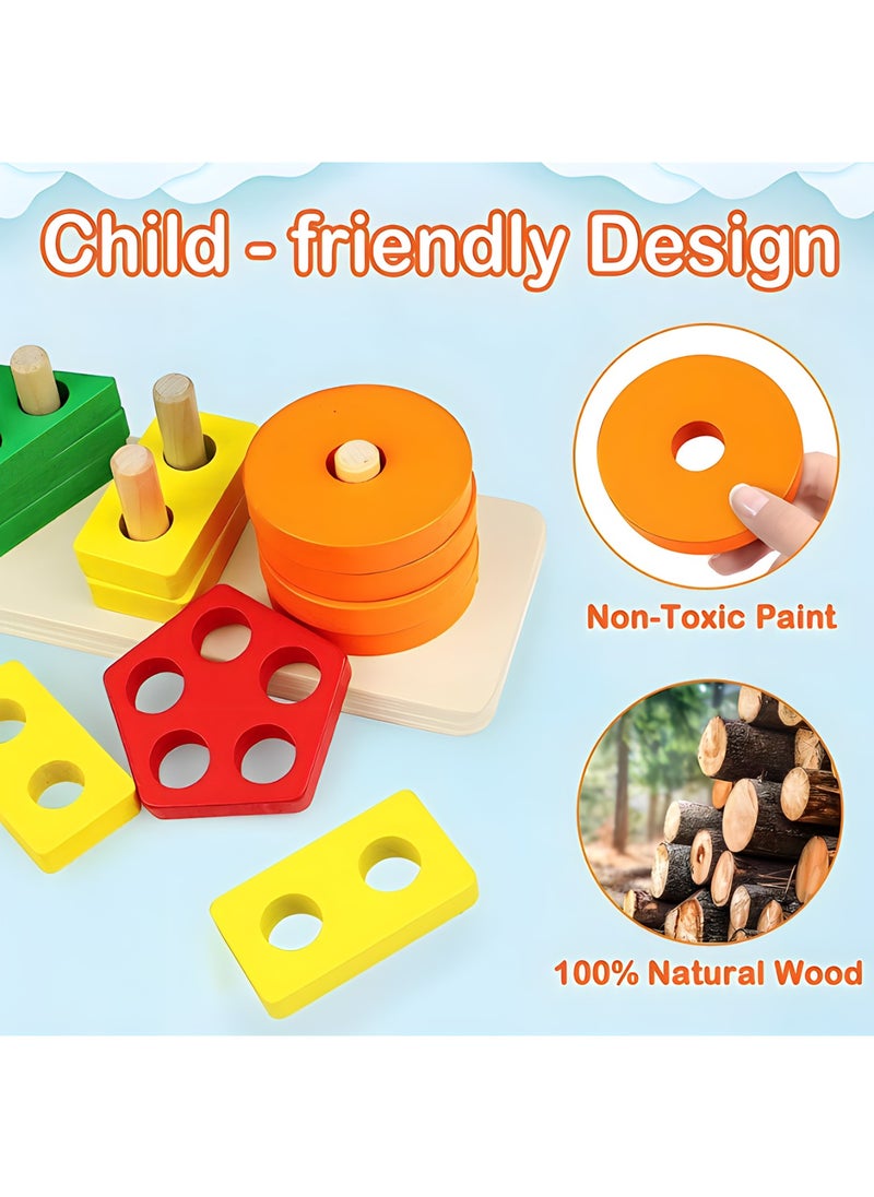 Wooden Montessori Toys Pattern Block Toy for Kids | Educational STEM Fine Motor Skills Sensory Toy | Wooden Shape Color Recognition Matching Geometric Shape Stacker