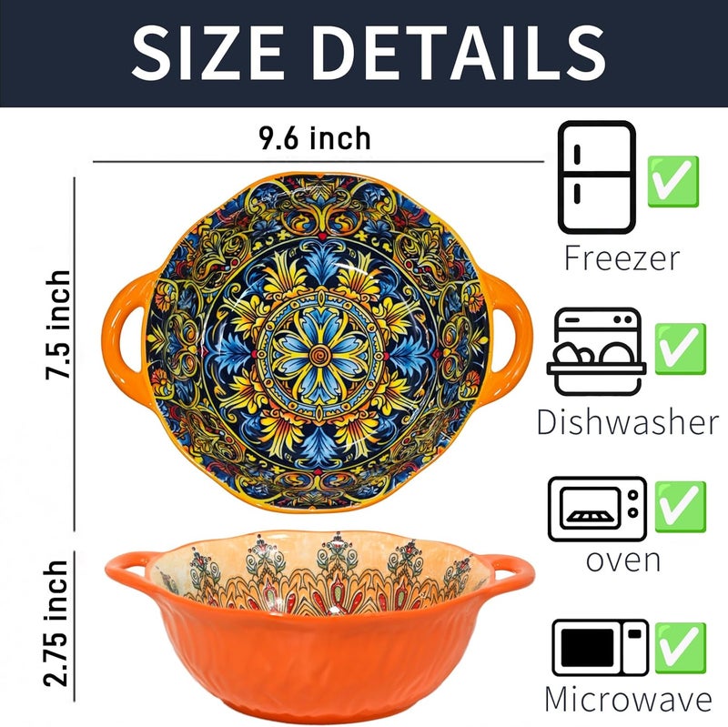 Ronanemon 2Pack Bohemia Large Bowls with Handle, 40 oz Ceramic Soup Bowl for Salad, Pasta, Cereal,Fruit, Udon, Microwave & Dishwasher Safe(Orange2yellow) - Image 2