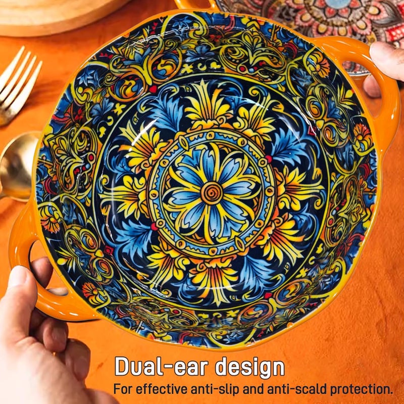 Ronanemon 2Pack Bohemia Large Bowls with Handle, 40 oz Ceramic Soup Bowl for Salad, Pasta, Cereal,Fruit, Udon, Microwave & Dishwasher Safe(Orange2yellow) - Image 4