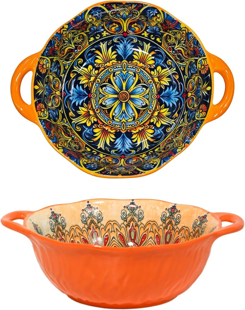 Ronanemon 2Pack Bohemia Large Bowls with Handle, 40 oz Ceramic Soup Bowl for Salad, Pasta, Cereal,Fruit, Udon, Microwave & Dishwasher Safe(Orange2yellow) - Image 1