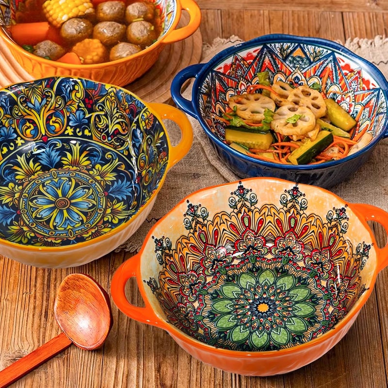 Ronanemon 2Pack Bohemia Large Bowls with Handle, 40 oz Ceramic Soup Bowl for Salad, Pasta, Cereal,Fruit, Udon, Microwave & Dishwasher Safe(Orange2yellow) - Image 3