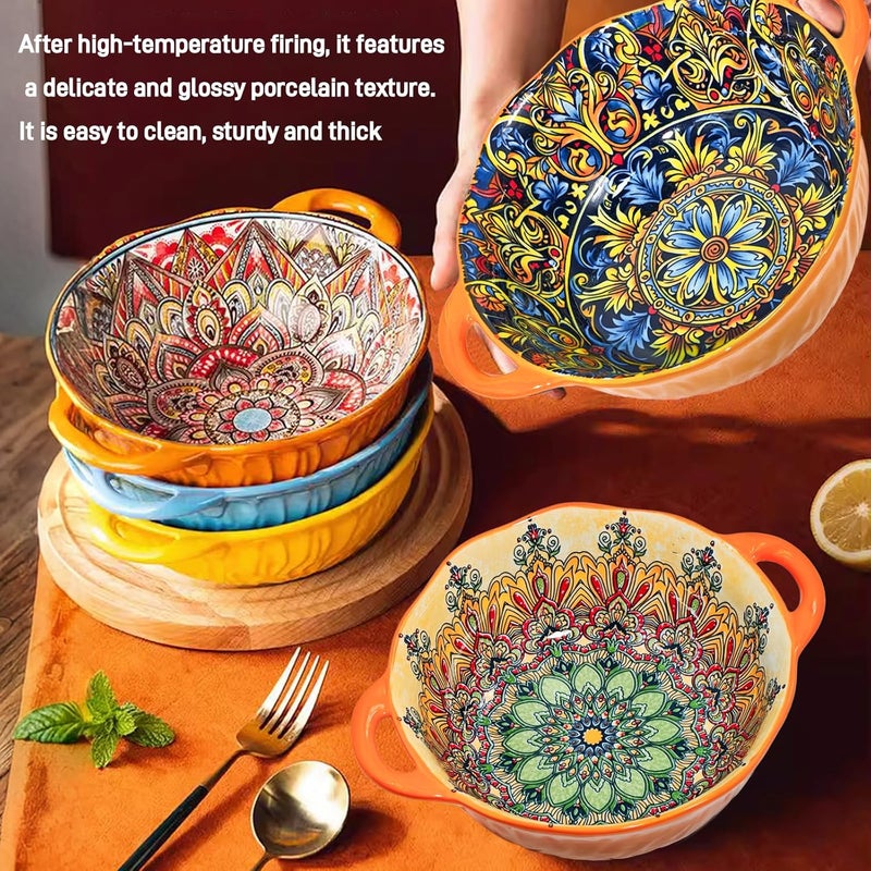Ronanemon 2Pack Bohemia Large Bowls with Handle, 40 oz Ceramic Soup Bowl for Salad, Pasta, Cereal,Fruit, Udon, Microwave & Dishwasher Safe(Orange2yellow) - Image 5