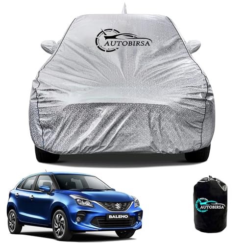 AUTOBIRSA Waterproof Car Body Cover for Maruti Baleno with Mirror and Antenna Pocket and Soft Cotton Lining (4 Side Elastic Triple Stitched & Metallic Silver with Black Piping Style) - Image 1