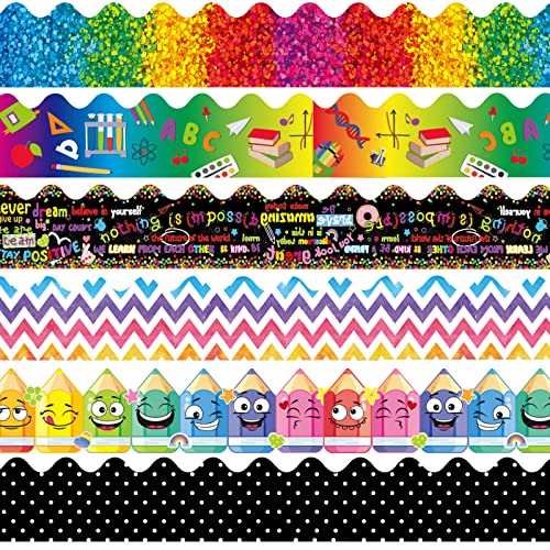 Geyee جيي 84 قطعة 83 قدم حدود لوحات الإعلانات في الفصل حواف قوس قزح ملصقات لاصقة ملونة للسبورة، 6 تصاميم (أسلوب لطيف) - Image 1