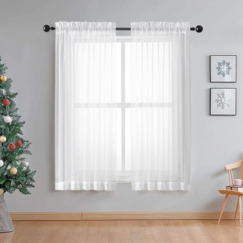OWENIE Sheer White Curtains Living Room 54 inches Long, Rod Pocket Curtain Sheers Bedroom, Light Filtering Voile Panels Drapes Small Window Treatments 2 Panels, 42" W x 54" L, White - Image 1