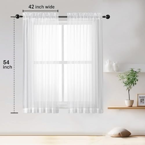 OWENIE Sheer White Curtains Living Room 54 inches Long, Rod Pocket Curtain Sheers Bedroom, Light Filtering Voile Panels Drapes Small Window Treatments 2 Panels, 42" W x 54" L, White - Image 5