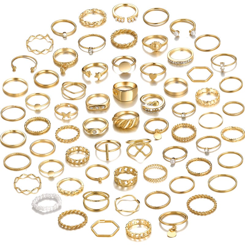 YEEZII 68 Pcs Gold Knuckle Rings Set for Women, Stackable Rings Boho Joint Finger Midi Ring Hollow Carved Crystal Stacking Rings Pack - Image 1