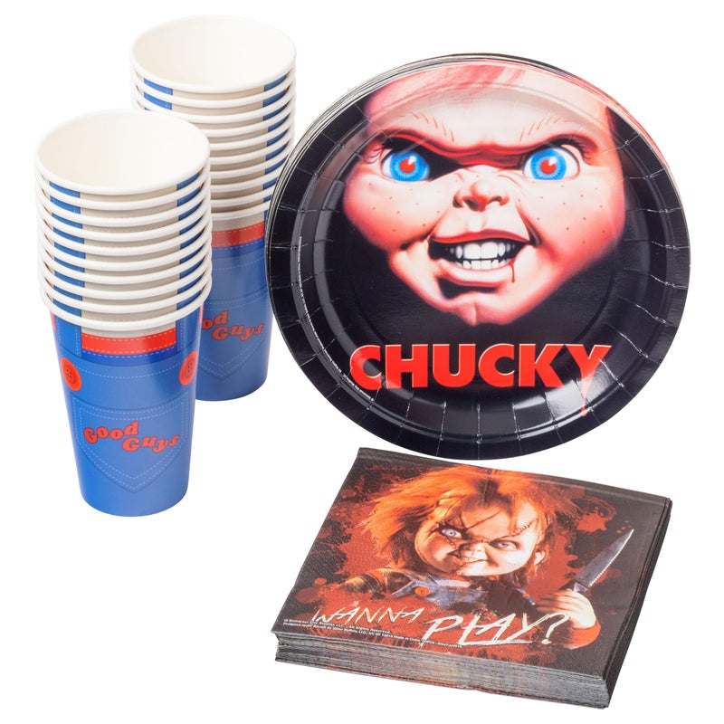Silver Buffalo Chuckys Face Party Supplies Set Party Pack Paper Plates Cups Napkins 60Pieces