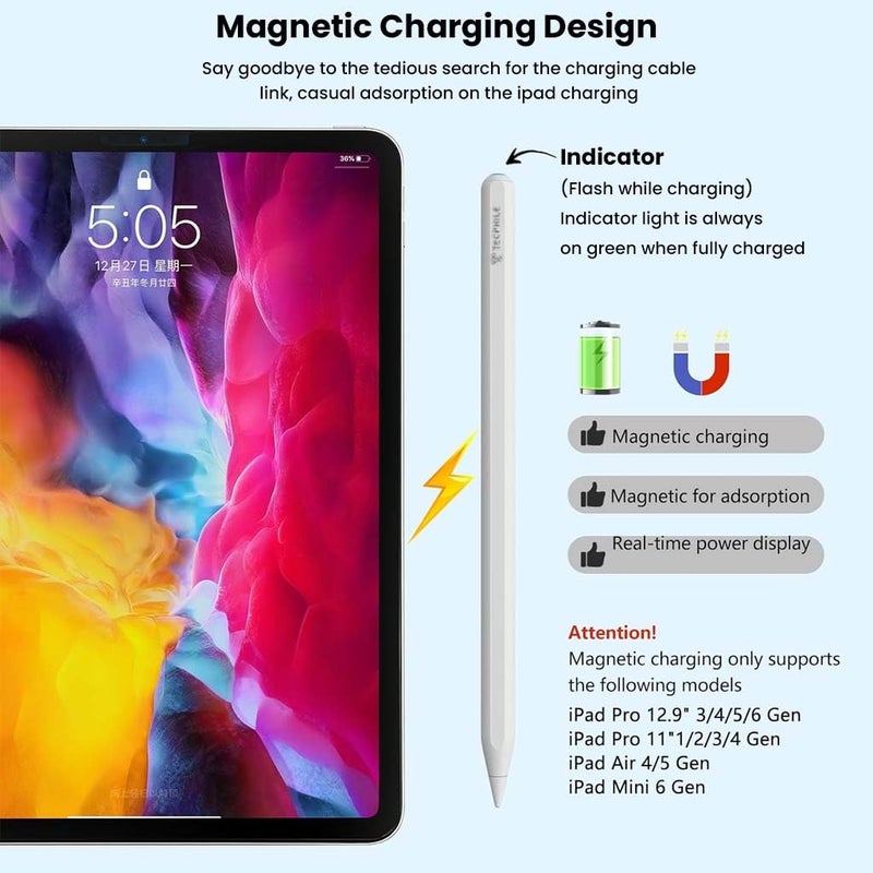 TECPHILE iPad Pencil for iPad Compatible with 10th Gen, iPad Pro 11/12.9, iPad Air 5th/4th Gen, Apple iPad 2018–2022 with Wireless Charging, Bluetooth, Palm Rejection & Tilt Sensitivity - Image 2
