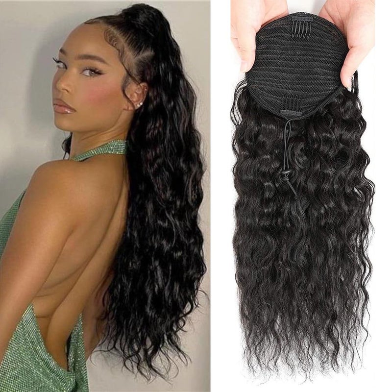 12 Inch Drawstring Human Hair Ponytail Extension Natural Black for Women Water Wave Pony tail Clip in Extensions Corn Wave Ponytail 100 Unprocessed Brazilian Human Hair