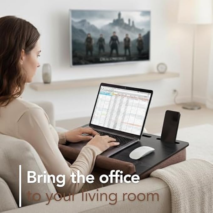 rayihni LAPTOP DESK FOR BED, LAP DESK WITH CUSHION, LAPTOP STAND FOR BED, FITS UP TO 17.3'' LAPTOP, TABLET AND PHONE HOLDER, ERGONOMIC DESIGN, DEVICE HOLDERS, SOFT WRIST PAD - Image 2