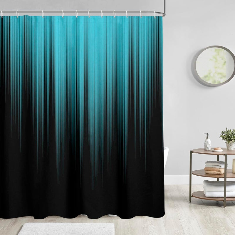 AAtter ATTER TEAL و Black Shower Startain Fricquoise Aqua Ombre Abstract Striped Mens Cool Freefy Funder Atthetic Boys Teen Bright Home Bathroom Decort -Pathub مع 12 Hooks 72x72 Modern - Image 2