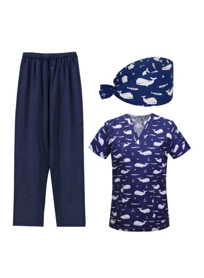 Loquat Womens Medical Scrubs Set Medical Uniform Set Blue and White Whale - Image 1