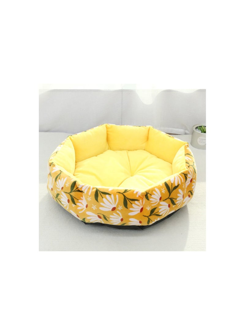 سرير دافئ دائري غير قابل للانزلاق للقطط والكلاب - مزهر أصفر - Image 2