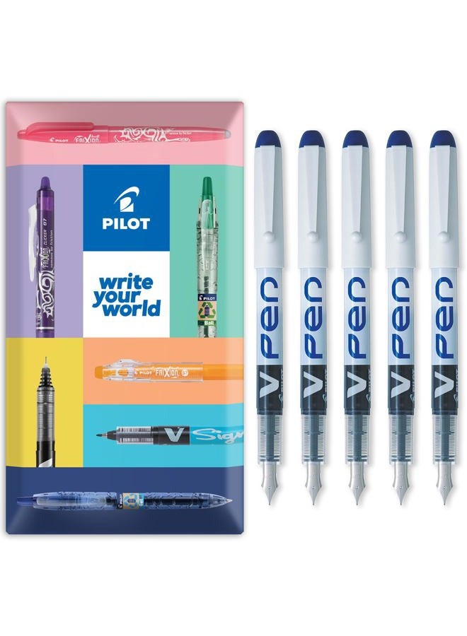 PILOT V PEN - Erasable Disposable Fountain Pen - 0.6mm Nib Tip - Medium Line - Wallet Pack of 5 - Blue Ink - Image 1