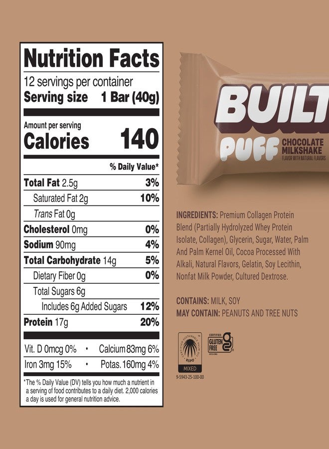 BUILT Bar Puff Protein Bars - Chocolate Milkshake - 17g Protein Snack Bars with Collagen - Calorie Conscious & Gluten Free - 12 Count - Image 4