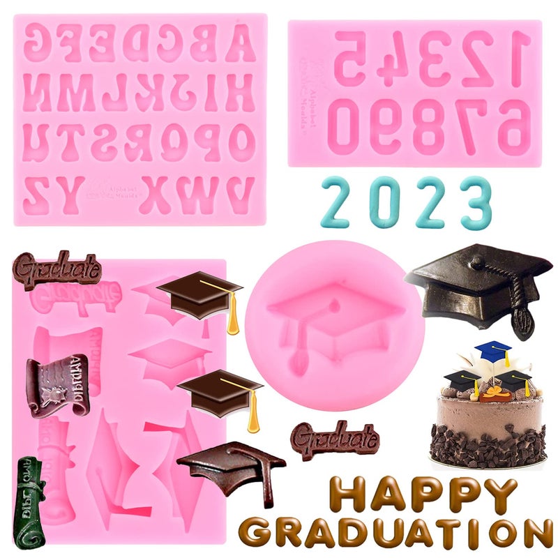 MIYAHOUSE Graduation Silicone Mold Graduation Cap Baking Mold Diploma Graduate Fondant Mold Doctorial Hat Chocolate Mold Letters Numbers Molds For Cake Topper Decoration Chocolate Gum Past Set Of 4
