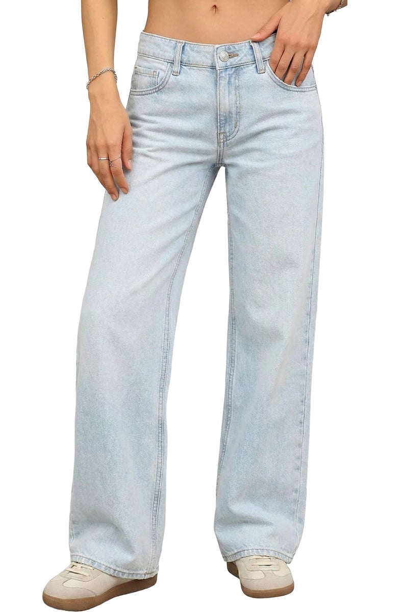ELLEVEN Low Rise Baggy Jeans for Women Trendy Stretchy Y2K Wide Leg Jeans Boyfriend Straight Leg Denim Pants Sky Blue Denim 6 - Image 1