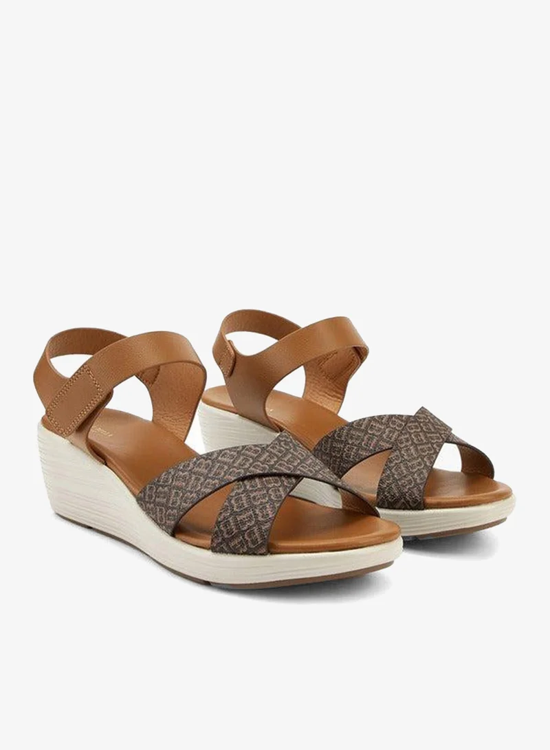 Cross Strap Monogram Print Sandals with Hook and Loop Closure