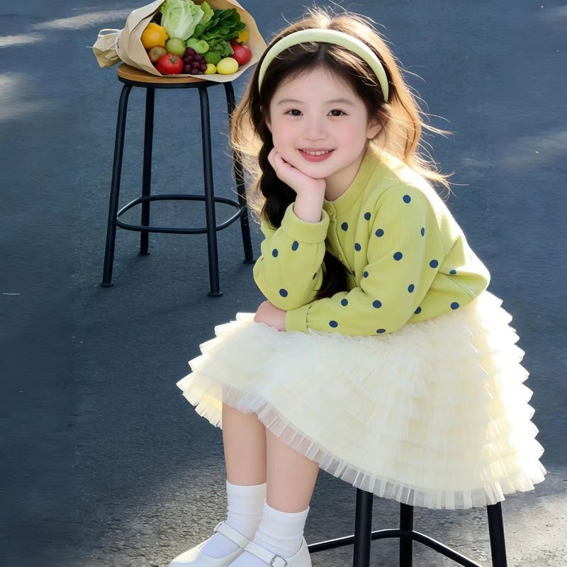 Girls'' Outfit Spring New Korean Fashion Versatile Polka Dot Sweater and Tulle Skirt Two-Piece Set Trendy - Image 1