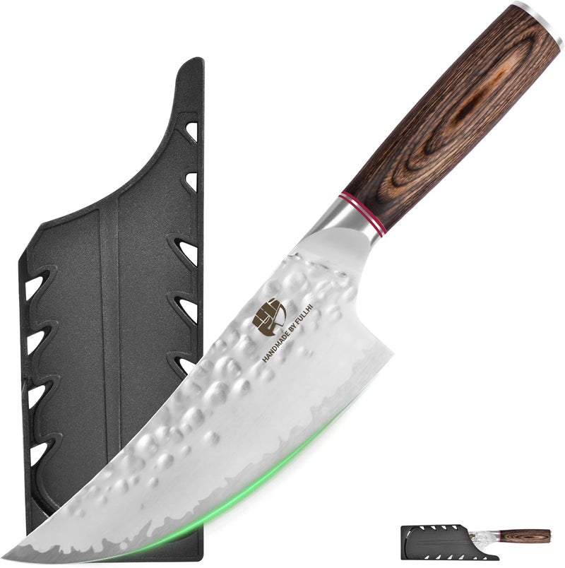 FULLHI Hammered Blade Kitchen Knife with Guard, Non-stick Chef's Knives, Pakka Wood Handle Japanese Knife, Premium German Stainless Steel Kitchen Knives with Sheath (6.8 inch) - Image 1
