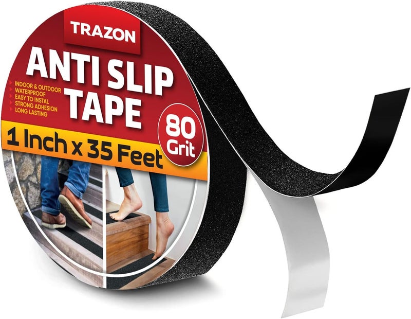 Trazon Grip Tape - Heavy Duty Anti Slip Tape for Stairs Outdoor/Indoor Waterproof 1Inch x 35Ft Safety Non Skid Roll for Stair Steps Traction Tread Staircases Grips Adhesive Non Slip Strips Nonslip Walk Black - Image 1