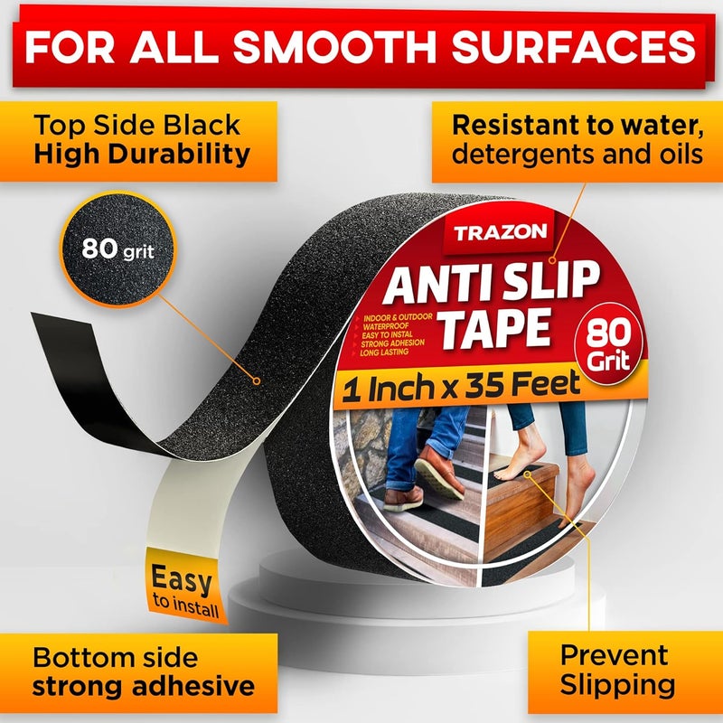 Trazon Grip Tape - Heavy Duty Anti Slip Tape for Stairs Outdoor/Indoor Waterproof 1Inch x 35Ft Safety Non Skid Roll for Stair Steps Traction Tread Staircases Grips Adhesive Non Slip Strips Nonslip Walk Black - Image 2
