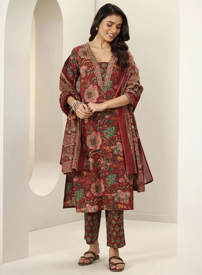Libas Maroon Printed Cotton Straight Kurta, Trousers and Dupatta Set