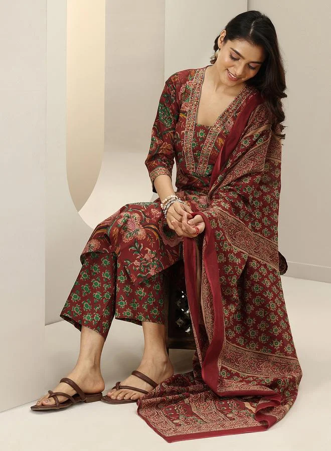 Libas Maroon Printed Cotton Straight Kurta, Trousers and Dupatta Set