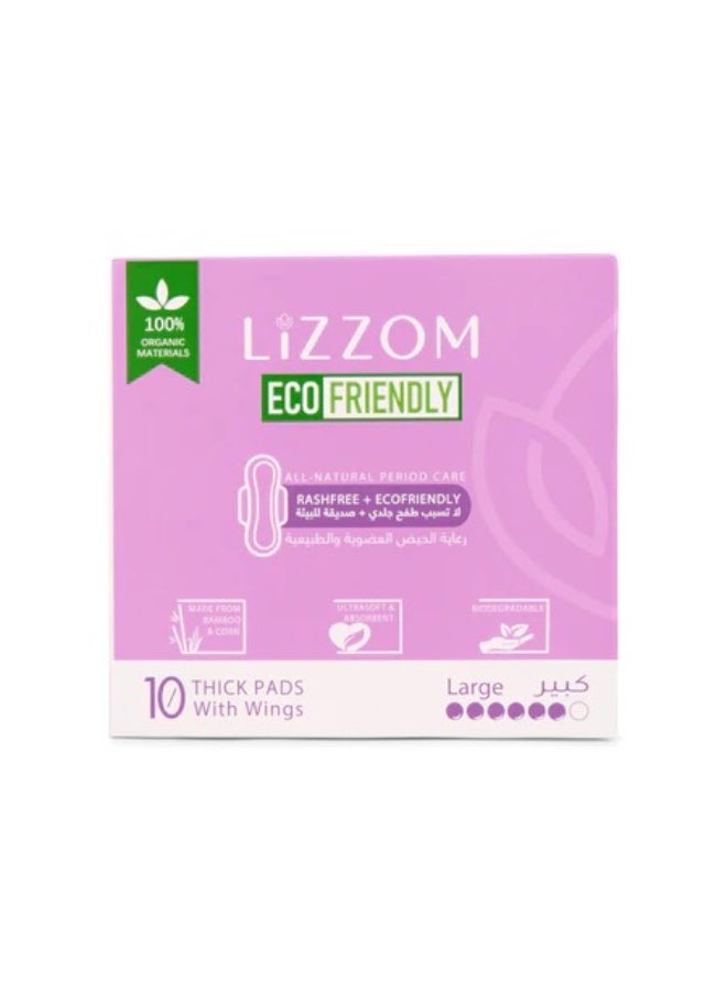 LiZZOM Organic THICK Large Sanitary Pads with Wings, 10 Count, Bamboo Top Sheet, Biodegradable Back Sheet - Image 1