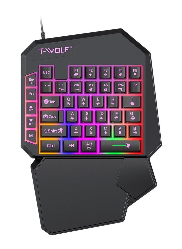 T-WOLF 40 Keys Single Hand Gaming Keyboard ,Waterproof RGB Color Suitable for PC/Ps4/Xbox Gamers, Android PUBG CODM Genshin Diablo All Games  - Image 1