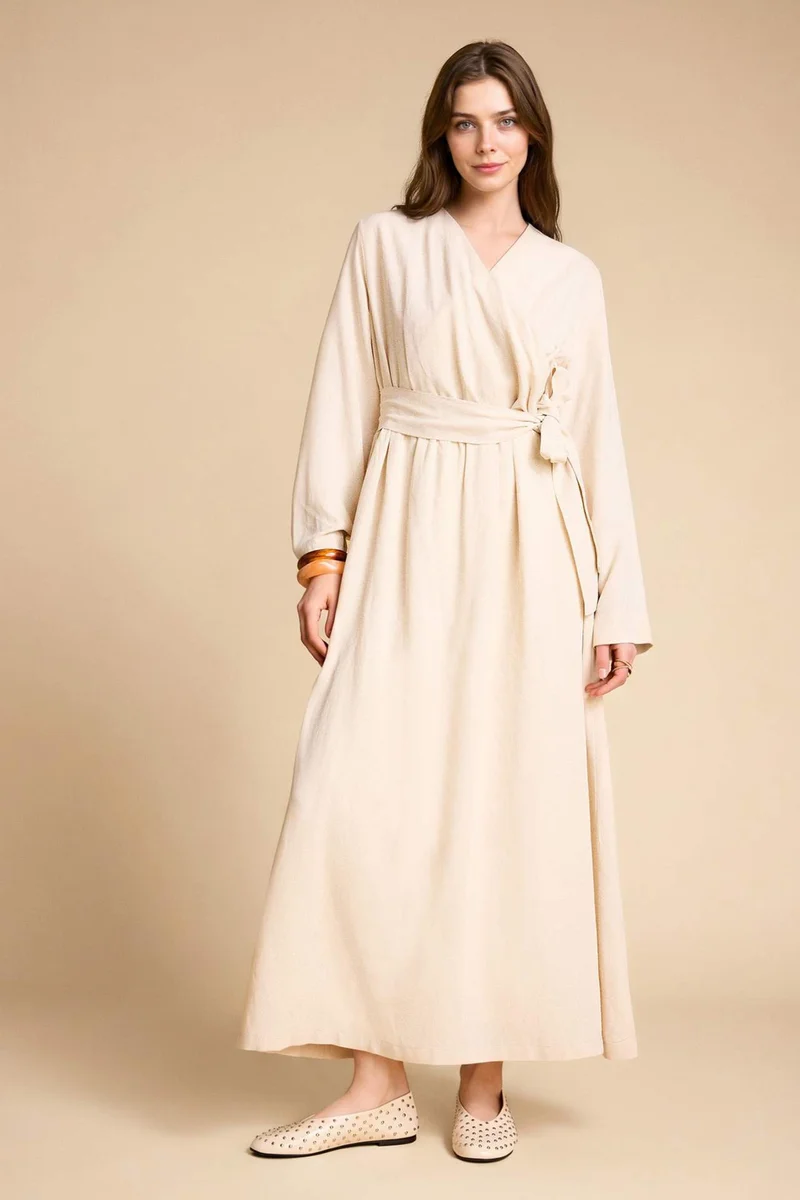 DeFacto V-Neck Linen Blended Dress