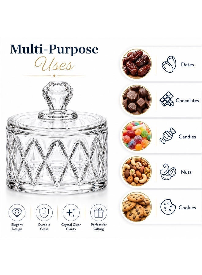 Glass Candy Jar with Lid 310ml, Clear Crystal Candy Dish, Diamond Cut Decorative Candy Bowl for Dates, Sweets, Nuts & Cookie Storage - Image 1