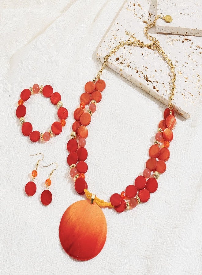 Coiris Layered Beads Statement Necklace for Women Gradient Colour Circle Shell Pendant Chunky Jewelry Set Costume Jewelry for Women（ST0027-Orange） - Image 5