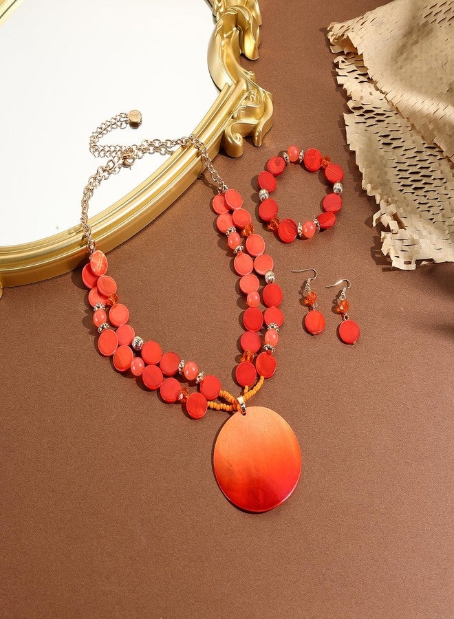 Coiris Layered Beads Statement Necklace for Women Gradient Colour Circle Shell Pendant Chunky Jewelry Set Costume Jewelry for Women（ST0027-Orange） - Image 3
