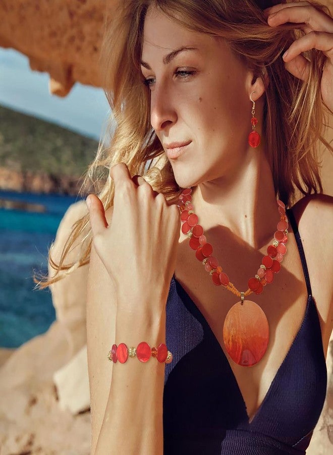 Coiris Layered Beads Statement Necklace for Women Gradient Colour Circle Shell Pendant Chunky Jewelry Set Costume Jewelry for Women（ST0027-Orange） - Image 2