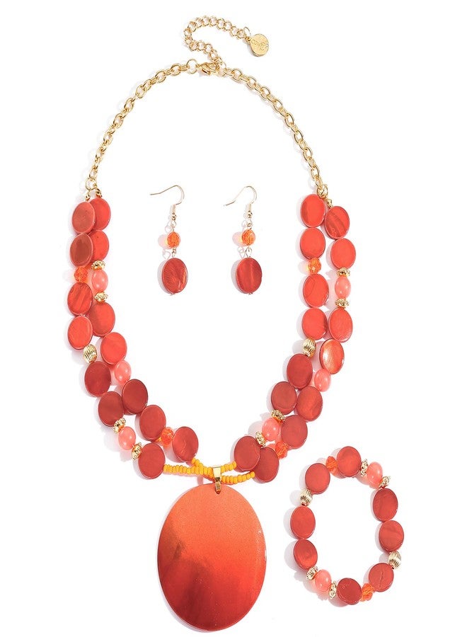 Coiris Layered Beads Statement Necklace for Women Gradient Colour Circle Shell Pendant Chunky Jewelry Set Costume Jewelry for Women（ST0027-Orange） - Image 1