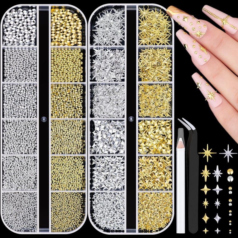 BELLEBOOST 2640Pcs 3D Star Nail Charms, Gold & Silver Multi-Shapes Metallic Nail Art Gems and Small Round Caviar Beads, Craft Jewels Nail Rhinestones Accessories Manicure Decor with Tweezers and Pick-up Pencil - Image 1