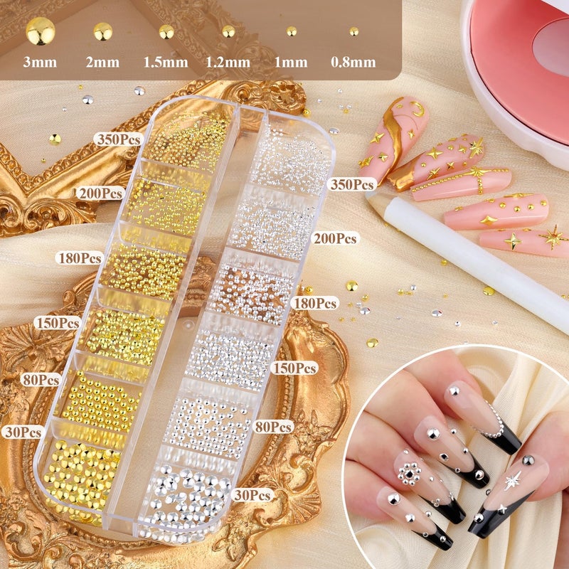 BELLEBOOST 2640Pcs 3D Star Nail Charms, Gold & Silver Multi-Shapes Metallic Nail Art Gems and Small Round Caviar Beads, Craft Jewels Nail Rhinestones Accessories Manicure Decor with Tweezers and Pick-up Pencil - Image 3