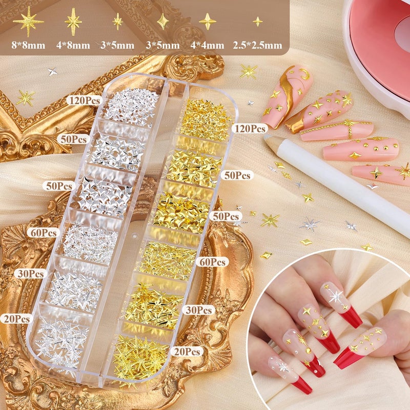 BELLEBOOST 2640Pcs 3D Star Nail Charms, Gold & Silver Multi-Shapes Metallic Nail Art Gems and Small Round Caviar Beads, Craft Jewels Nail Rhinestones Accessories Manicure Decor with Tweezers and Pick-up Pencil - Image 2
