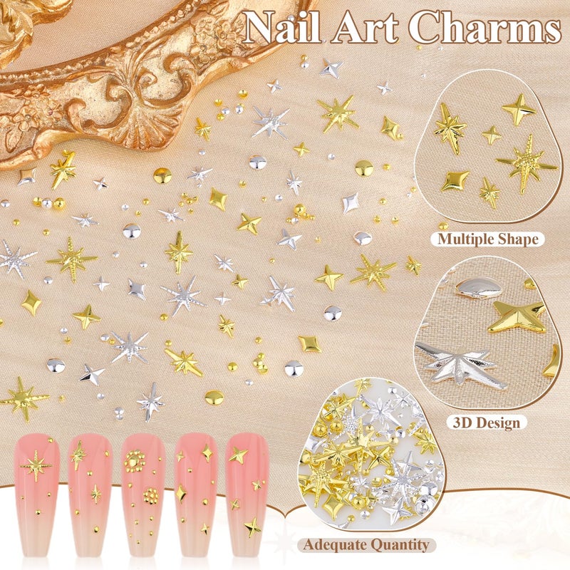 BELLEBOOST 2640Pcs 3D Star Nail Charms, Gold & Silver Multi-Shapes Metallic Nail Art Gems and Small Round Caviar Beads, Craft Jewels Nail Rhinestones Accessories Manicure Decor with Tweezers and Pick-up Pencil - Image 4