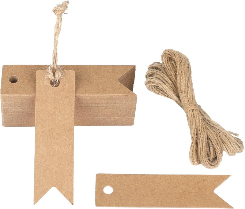 g2plus 100PCS Mini Kraft Paper Gift Tags with String, 2.8 x 0.8 in Blank Paper Present Tags, Brown Hang Tags with Jute Twine for DIY Arts & Crafts, Businesses, Wedding, Christmas Party Favors - Image 1
