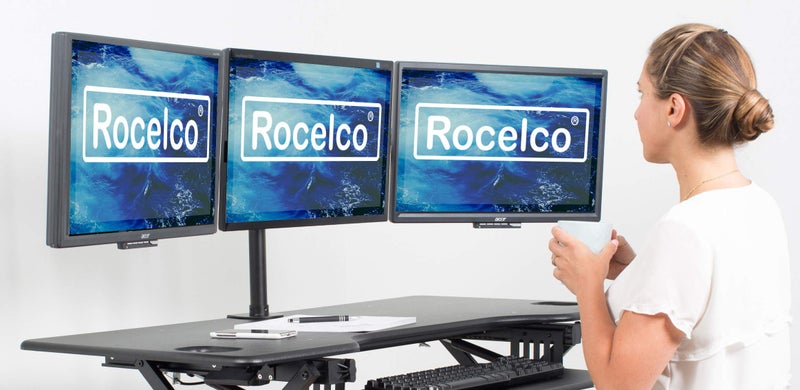 Rocelco Premium Triple Monitor Desk Mount - Standard Pattern Fits 13" - 27" LED LCD Flat Computer Screen - Three Articulated Full Motion Adjustable Arms - Grommet and C Clamp - Black (R DM3) - Image 2