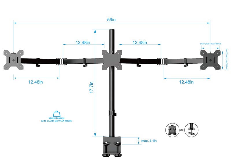 Rocelco Premium Triple Monitor Desk Mount - Standard Pattern Fits 13" - 27" LED LCD Flat Computer Screen - Three Articulated Full Motion Adjustable Arms - Grommet and C Clamp - Black (R DM3) - Image 4