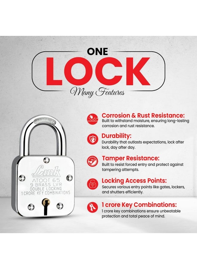Link® Atoot 65mm | 1 Crore Key Combinations | Steel Body | Hardened Shackle | 9 Brass Lever | Made in India | 1 Padlock 3 Silver - Image 2
