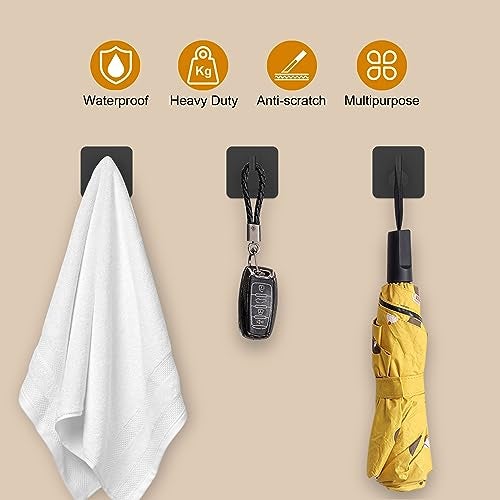 Honmein 6 Pcs Adhesive Wall Hooks for Hanging - Waterproof Shower Hooks, Heavy Duty Towel Hooks for Bathrooms, Kitchens, and Offices (Black) - Image 3