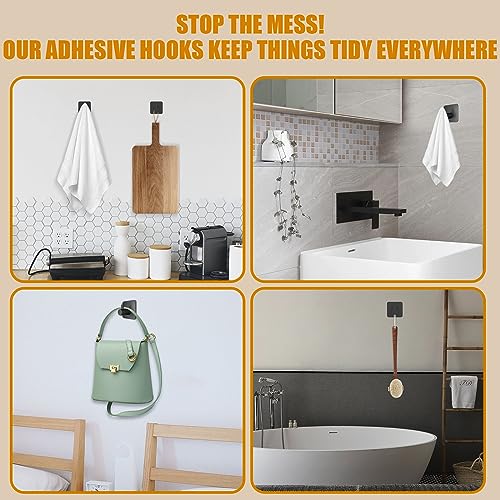 Honmein 6 Pcs Adhesive Wall Hooks for Hanging - Waterproof Shower Hooks, Heavy Duty Towel Hooks for Bathrooms, Kitchens, and Offices (Black) - Image 4