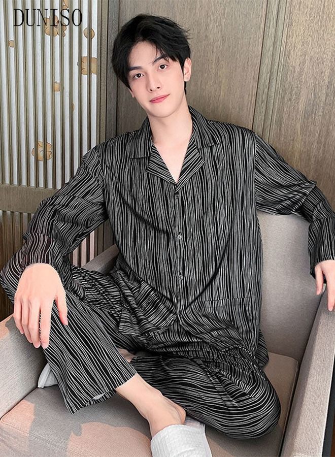 DUNISO 2-piece Men' s Pajama Set Silk Satin Long Sleeve Sleepwear with Button Classic Loungewear Nightwear Notch Neck Shirt and Waist Elastic Pants Pajama for Men - Image 3