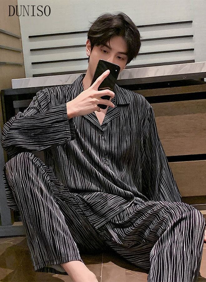 DUNISO 2-piece Men' s Pajama Set Silk Satin Long Sleeve Sleepwear with Button Classic Loungewear Nightwear Notch Neck Shirt and Waist Elastic Pants Pajama for Men - Image 5